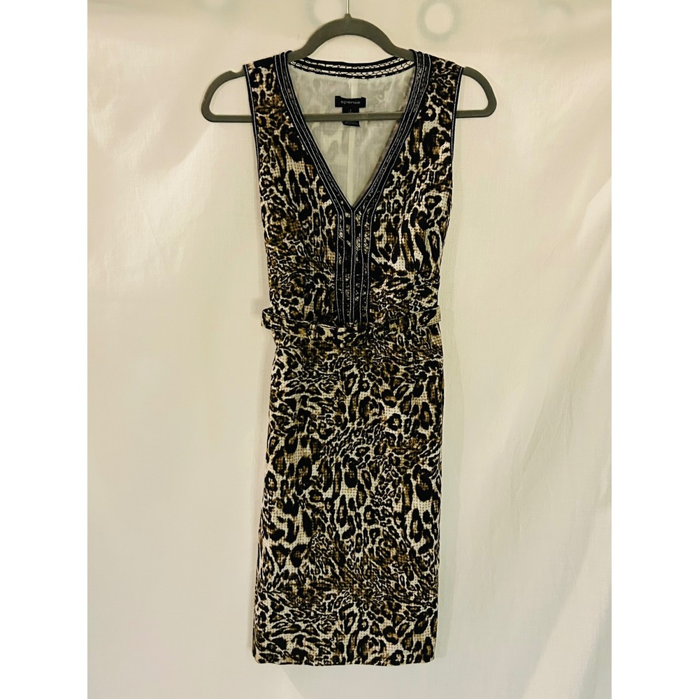 Spense Leopard Print Linen Blend Sheath Dress V-Neck Beaded Belted Womens 8